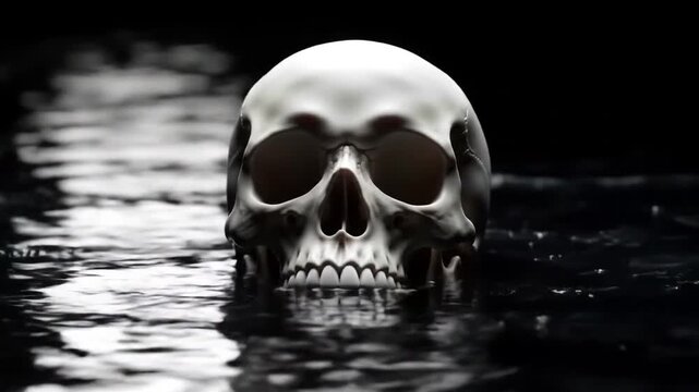 Skull Emerging from Dark Water Symbolizing Death and Mystery.