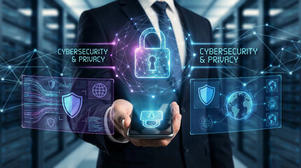 Cybersecurity and Data Privacy Management with Businessman in Server Room