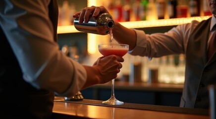 Someone is pouring a drink into a glass at a bar