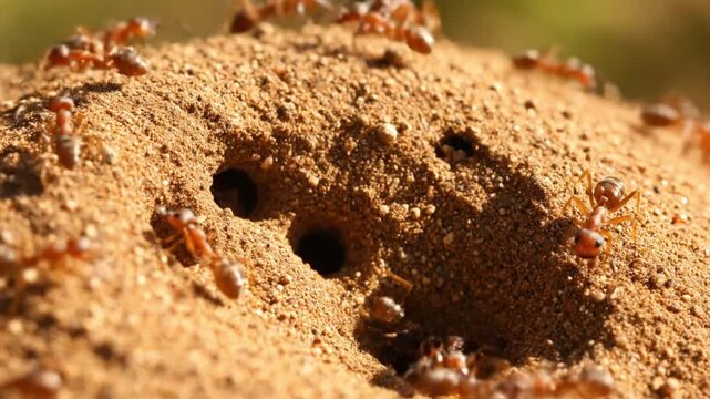 Macro Shot of Red Ants Active on Top of a Sandy Anthill Mound with Multiple Entrance Holes in Bright Natural Sunlight Setting