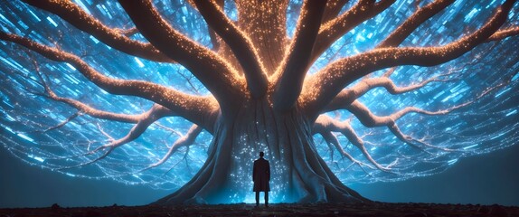 Quantum philosophy concept: A visual of brain and consciousness. Luminous Tree Silhouette Symbolizing Human Awareness and Vastness