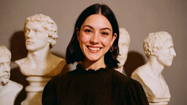 Portrait of confident young woman standing among classical marble statues expressing contrast of modern identity timeless art culture and creative inspiration