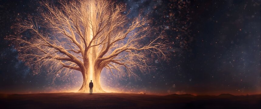 Quantum philosophy concept: A visual of brain and consciousness. Cosmic Tree of Life Under Quantum Darkness and Philosophy of Being