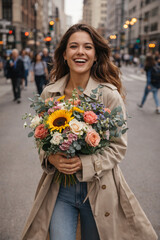 Fototapeta premium Portrait of happy woman holding bouquet of flowers walking in city street, spring and happiness concept, vertical generative AI illustration.