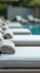 Towels are folded on the edge of a pool with a view of the pool poolside lounge travel concept