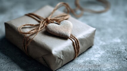 Gift box wrapped in brown paper with heart.