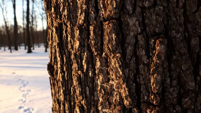 Close-up of a Tree Trunk, Showing Bark Texture with a Snowy Forest in the Distance.