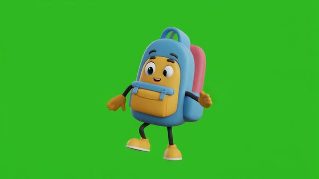 3D animated blue and yellow school backpack character standing with open arms on green screen