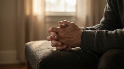 Elderly person's clasped hands rest quietly upon worn furniture near window light