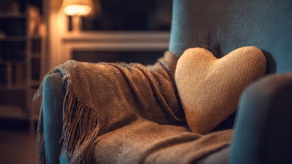 Heart pillow and soft blanket on armchair