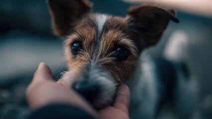 Human hand petting a dog