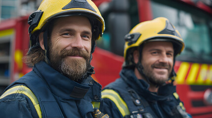 Fototapeta premium Dedicated Firefighters Ready for Action: Courageous Men in Uniforms with Fire Engine Backdrop - Preparedness and Service in a Hazardous Occupation, Front View