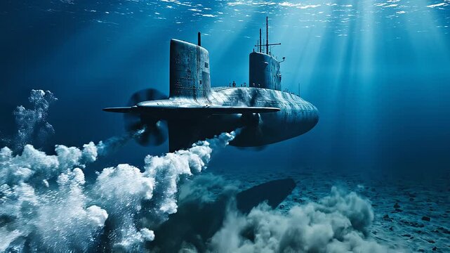 A large military submarine navigates through deep blue ocean waters, leaving a cloudy trail behind it as sunlight penetrates from the surface.