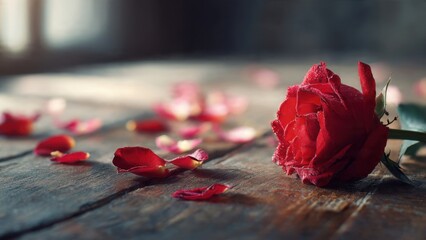 Red Rose with Dew Drops on Wooden Surface