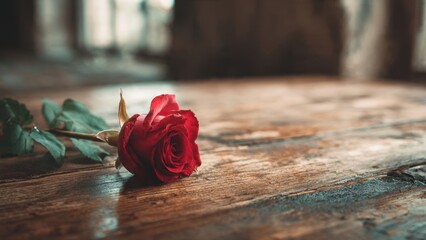Single red rose lying on a wooden surface