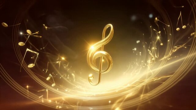 Golden musical treble clef glowing in flowing light representing creativity sound harmony inspiration music energy and emotional artistic expression