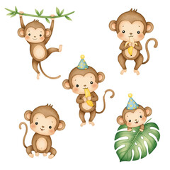 Cute cartoon monkey animal set watercolor © bluu