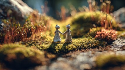 Tiny Figures Holding Hands in Mossy Landscape