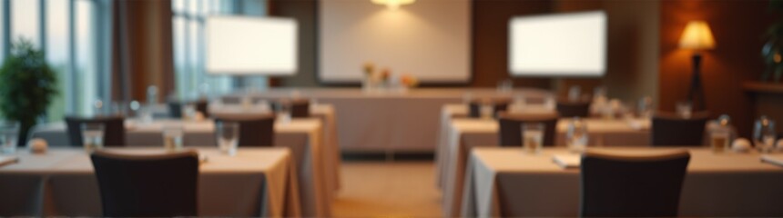 Many tables and chairs in a room with a projector screen blurred background