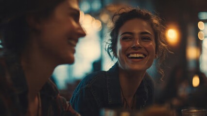 Two friends laughing in a cozy bar