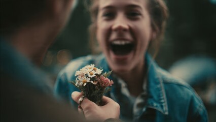 Woman laughing at flower gift