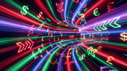 Abstract illustration of financial data flow through a luminous tunnel with currency symbols and arrows