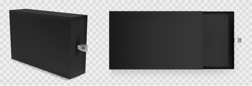 Sleeve gift box mockup with black slide drawer for luxury packaging presentation. Square 3d cardboard case with open top view and realistic corporate ribbon wrapper. Isolated template for jewelry