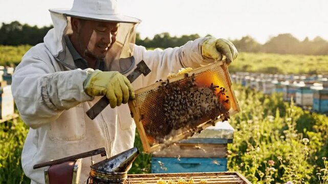 Beekeeper in Protective Suit Inspects Honeycomb Frame from Beehive Amidst a Sunny Meadow, Gathering Honey