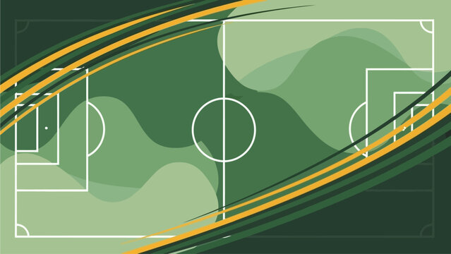 Flat vector background for football poster, abstract football field shapes, dynamic lines, global sports theme, green and gold color palette, minimal modern style, no text, high-quality vect