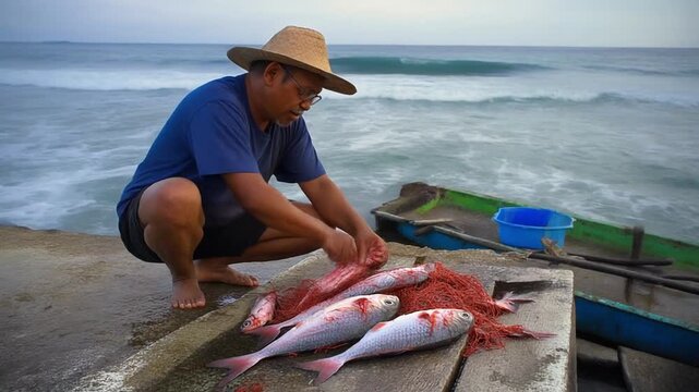 A fisherman in a straw hat prepares fresh fish on a net by the ocean