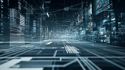 Futuristic data center with glowing blue circuits and neon lights, showcasing advanced technology and digital infrastructure in a sleek, modern environment from a central perspective. - Powered by Adobe