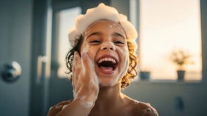 Joyful child laughing with soap bubbles on face during bath time. Concept of happy childhood and clean fun