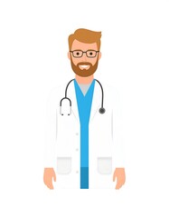 Fototapeta premium A smiling medical professional with a beard, glasses, and a stethoscope stands against a white background. He is wearing a lab coat