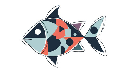 Abstract artistic sketch of a colorful fish with geometric shapes and clean lines, a playful illustration for marine life and design concepts