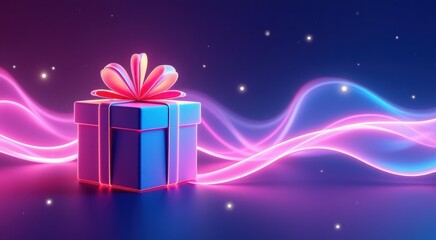 Gift box with a bow on a blue background congrarulation holiday background copy space