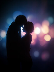 Silhouetted couple embraces tenderly against a vibrant background of blue and pink bokeh lights