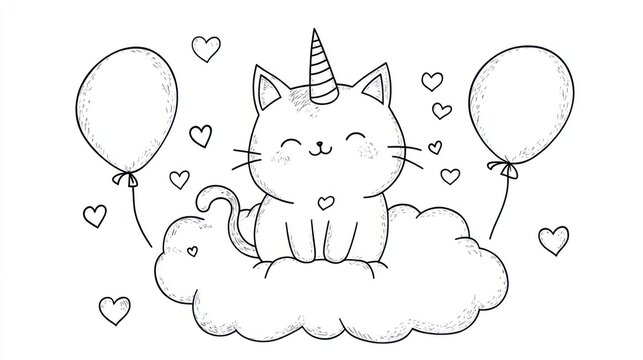 Cute cartoon cat unicorn on a cloud with balloons.  Possible use children's book, coloring page, greeting card