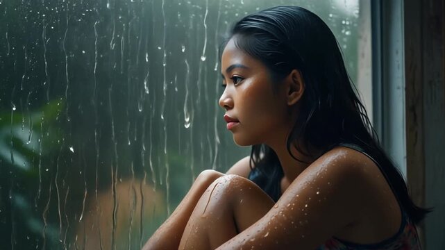 Thoughtful young woman with wet hair sits by window watching rain