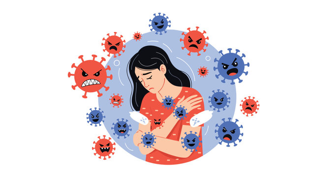 Unhappy woman surrounded by many angry-looking virus icons representing a weak immune system or being overwhelmed by sickness.