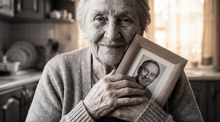 Smiling elderly widow hugging framed photo of late husband. Biblical concept of eternal love, memory and hope of reunion in heaven based on 1 Corinthians 13. Black and white portrait.