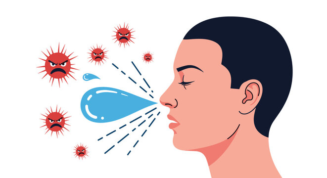 Illustration of a man sneezing and spreading viruses and bacteria through airborne droplets representing contagious infection or allergy.