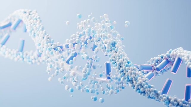 Abstract dna strand structure dynamically dissolving into particles motion background