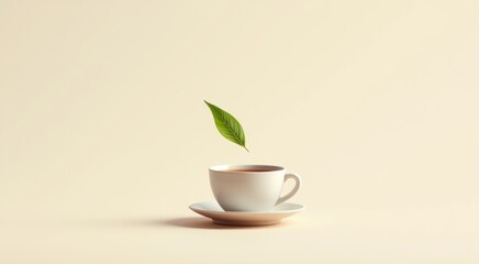Cup of tea with a leaf sticking out of it