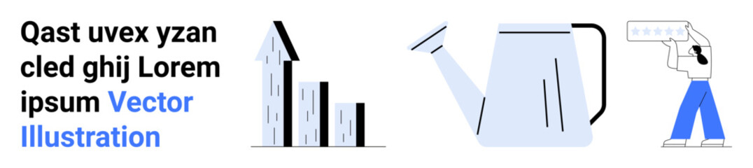 Naklejka premium Business strategy, growth planning, financial goals, sustainability, measuring progress, resource management. Bar chart with upward arrow, watering can person holding a ruler. Business strategy