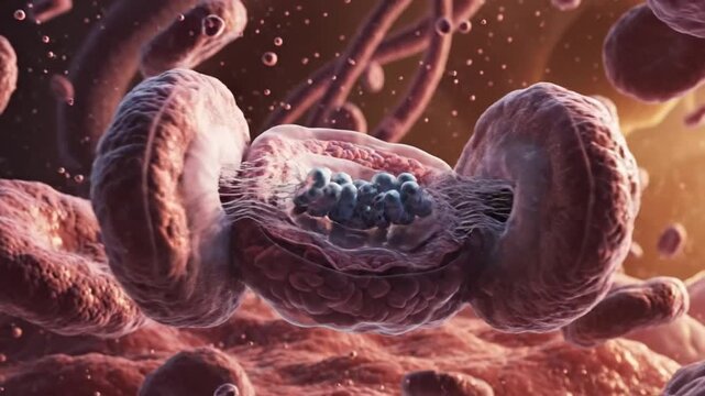 Microscopic view of blood cells and bacterial infection, medical animation concept