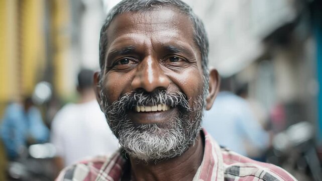 Documentary-style outdoor lifestyle portrait of an Indian man, candid city environment, natural light with subtle contrast, realistic proportions and expressions, strong sense of daily life