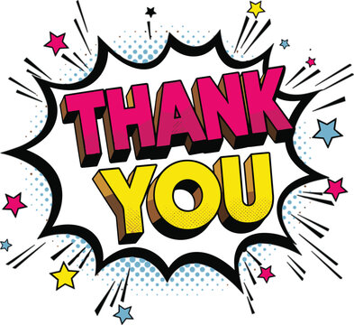 Pop art thank you message vector with colorful stars and expressive comic typography