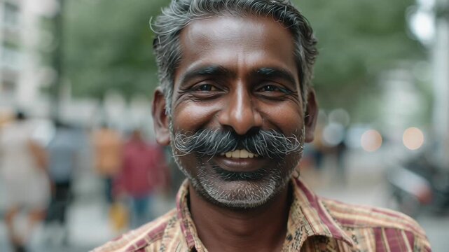 Documentary-style outdoor lifestyle portrait of an Indian man, candid city environment, natural light with subtle contrast, realistic proportions and expressions, strong sense of daily life