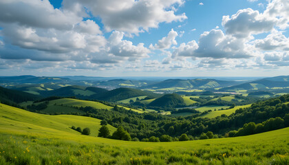 Fototapeta premium Lush green rolling hills and valleys under blue sky