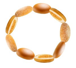 a circular arrangement of assorted burger buns and hot dog rolls, sprinkled with sesame seeds, against a transparent background.